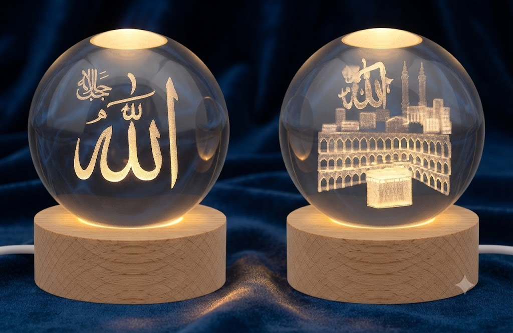AR 1470 Islamic Crystal Ball LED Night Lamp with Allah Calligraphy & Kaaba Design โ Wooden Base Decorative Light