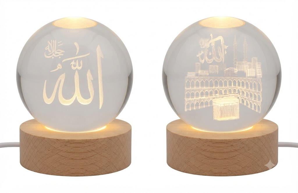 AR 1470 Islamic Crystal Ball LED Night Lamp with Allah Calligraphy & Kaaba Design โ Wooden Base Decorative Light - Image 2