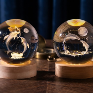 AR 4588 Elegant Dolphin Crystal Ball Showpiece with Wooden Base – Ocean-Inspired Decorative Home Décor