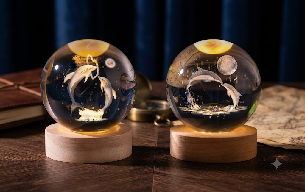 AR 4588 Elegant Dolphin Crystal Ball Showpiece with Wooden Base β Ocean-Inspired Decorative Home DΓ©cor