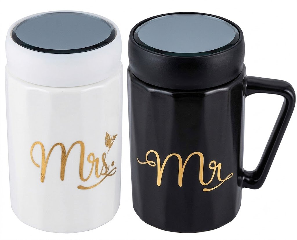 4339 Mr. and Mrs. Matching Ceramic Coffee Mugs with Lids