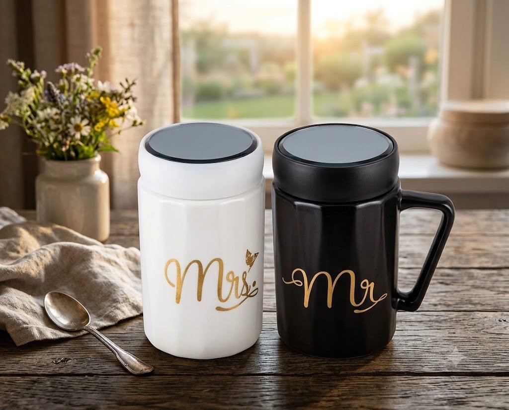 4339 Mr. and Mrs. Matching Ceramic Coffee Mugs with Lids - Image 2