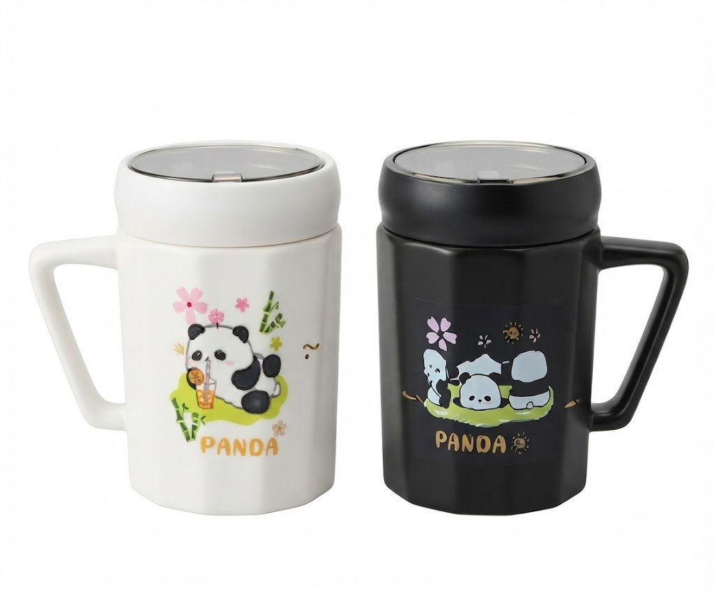 4341 Kawaii Panda Themed Ceramic Coffee Mug Set with Lids