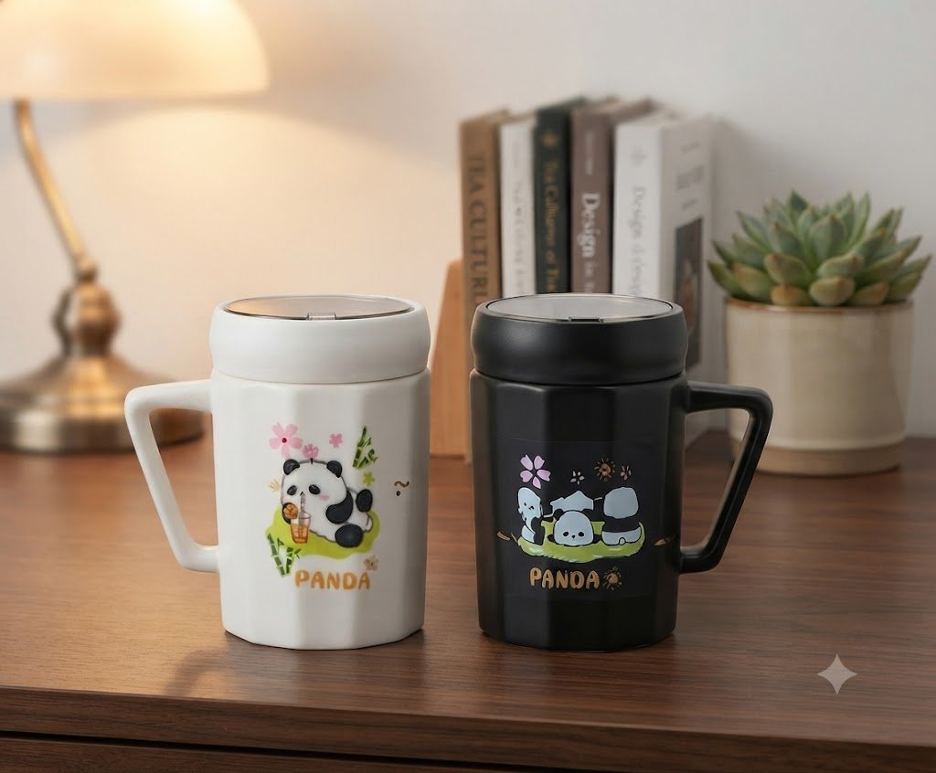 4341 Kawaii Panda Themed Ceramic Coffee Mug Set with Lids - Image 2