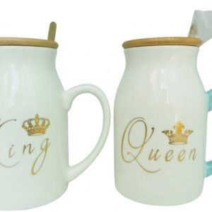 4350 King and Queen Ceramic Milk Bottle Mug Set with Wooden Lids and Spoons