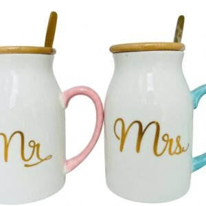 4351 Mr. and Mrs. Ceramic Milk Bottle Mug Set with Wooden Lids and Spoons