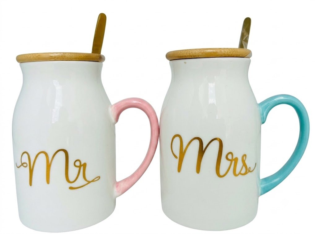 4351 Mr. and Mrs. Ceramic Milk Bottle Mug Set with Wooden Lids and Spoons