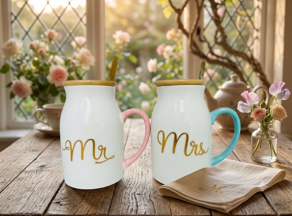 4351 Mr. and Mrs. Ceramic Milk Bottle Mug Set with Wooden Lids and Spoons - Image 2