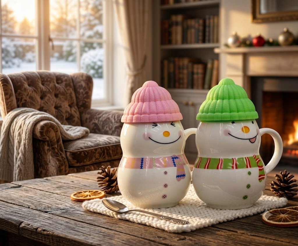 4380 Festive Snowman Ceramic Mug Set with Beanie Hats - Image 2