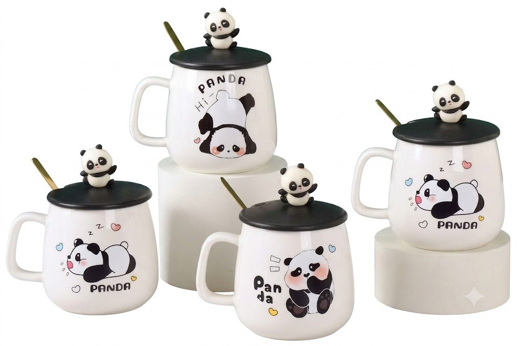 4479 Kawaii 3D Panda Figurine Ceramic Mug Collection with Lids and Spoons