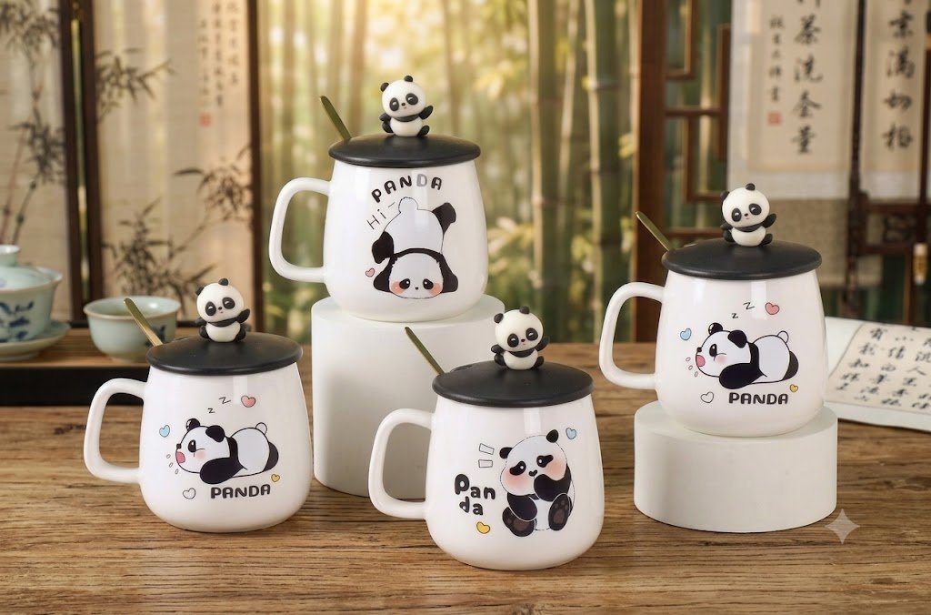 4479 Kawaii 3D Panda Figurine Ceramic Mug Collection with Lids and Spoons - Image 2