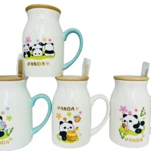 4526 Kawaii Panda Ceramic Milk Bottle Mug Collection with Wooden Lids and Spoons
