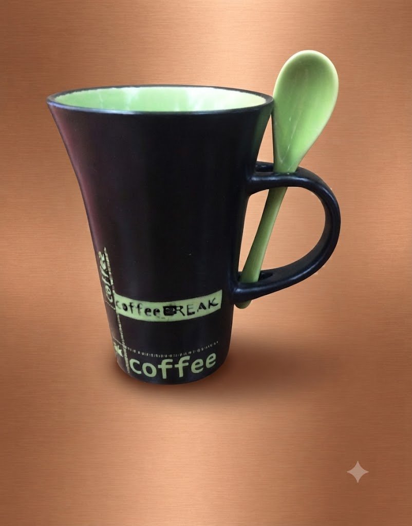 4961 Black Coffee Mug with Green Spoon โ Stylish Coffee Lover Mug