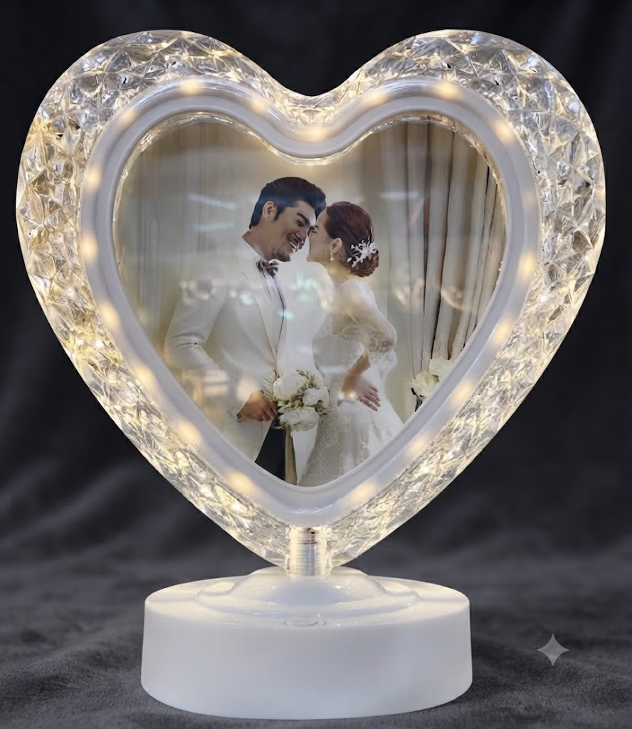 AR 3279 Elegant Illuminated Crystal Heart-Shaped Photo Frame with White Base