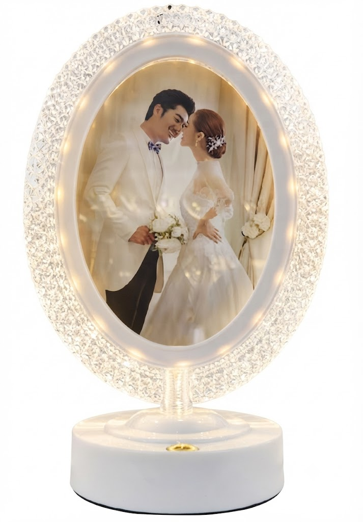 AR 4280 Elegant Oval Crystal Photo Frame with Illuminated Border and White Base - Image 2