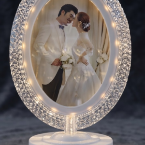 AR 4280 Elegant Oval Crystal Photo Frame with Illuminated Border and White Base