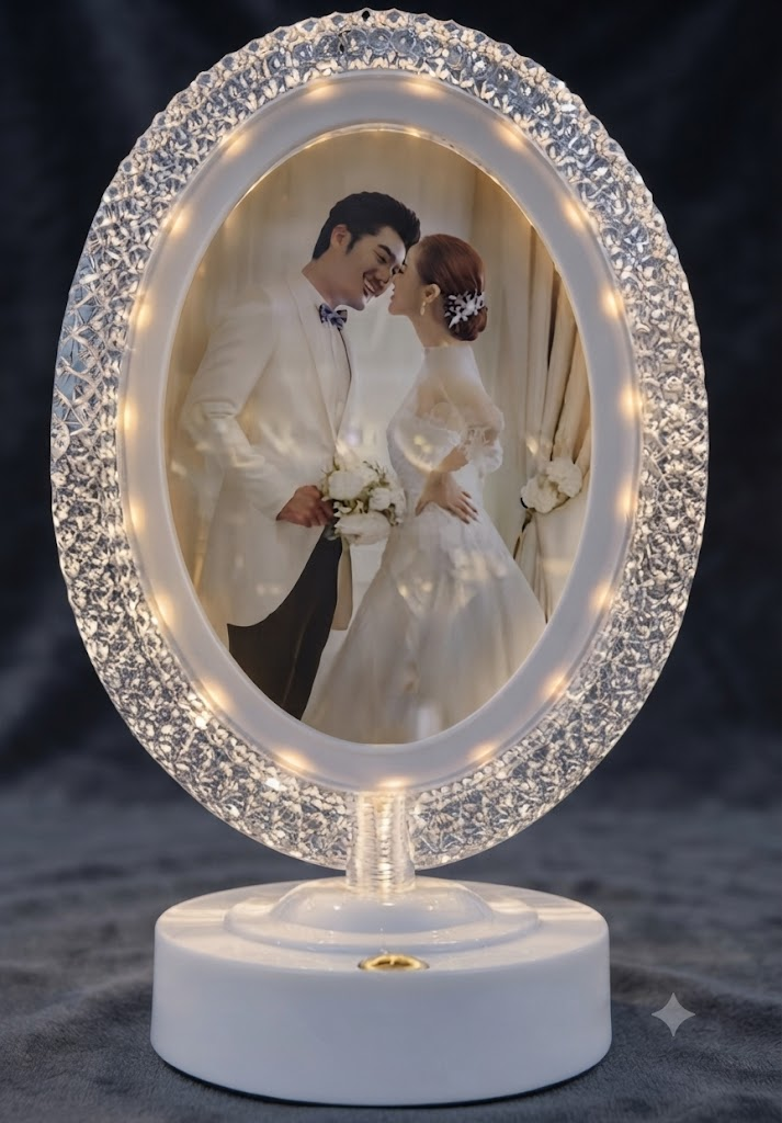 AR 4280 Elegant Oval Crystal Photo Frame with Illuminated Border and White Base