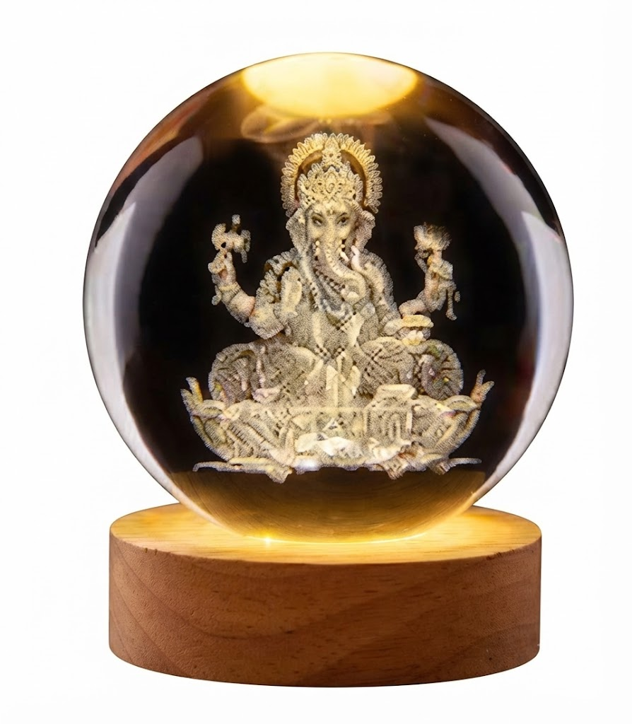 AR 2466 Lord Ganesha Crystal Ball LED Night Lamp with Wooden Base โ Ganpati Bappa Spiritual Decorative Light - Image 2