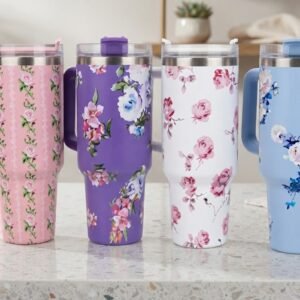 AR3282 Floral Printed Insulated Travel Tumbler Set with Handle and Straw Lid