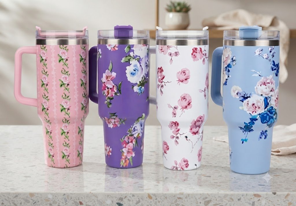 AR3282 Floral Printed Insulated Travel Tumbler Set with Handle and Straw Lid