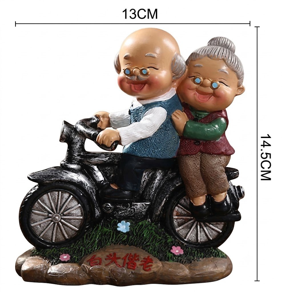 AR 3589D Elderly Couple Riding Motorcycle - Resin Figurine Decorative Ornament