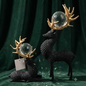 AR 3761 Black Deer Couple Showpiece with Golden Antlers – Elegant Table Décor