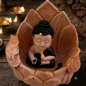 AR 3989 Meditating Little Buddha in Terracotta Lotus Flower Figurine