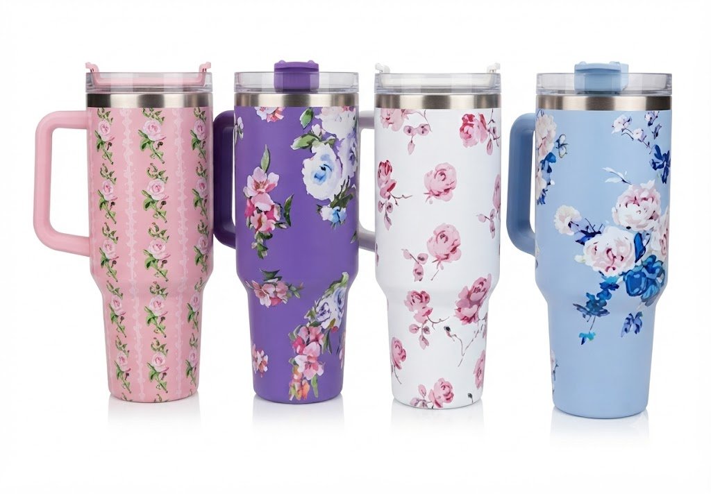 AR3282 Floral Printed Insulated Travel Tumbler Set with Handle and Straw Lid - Image 2