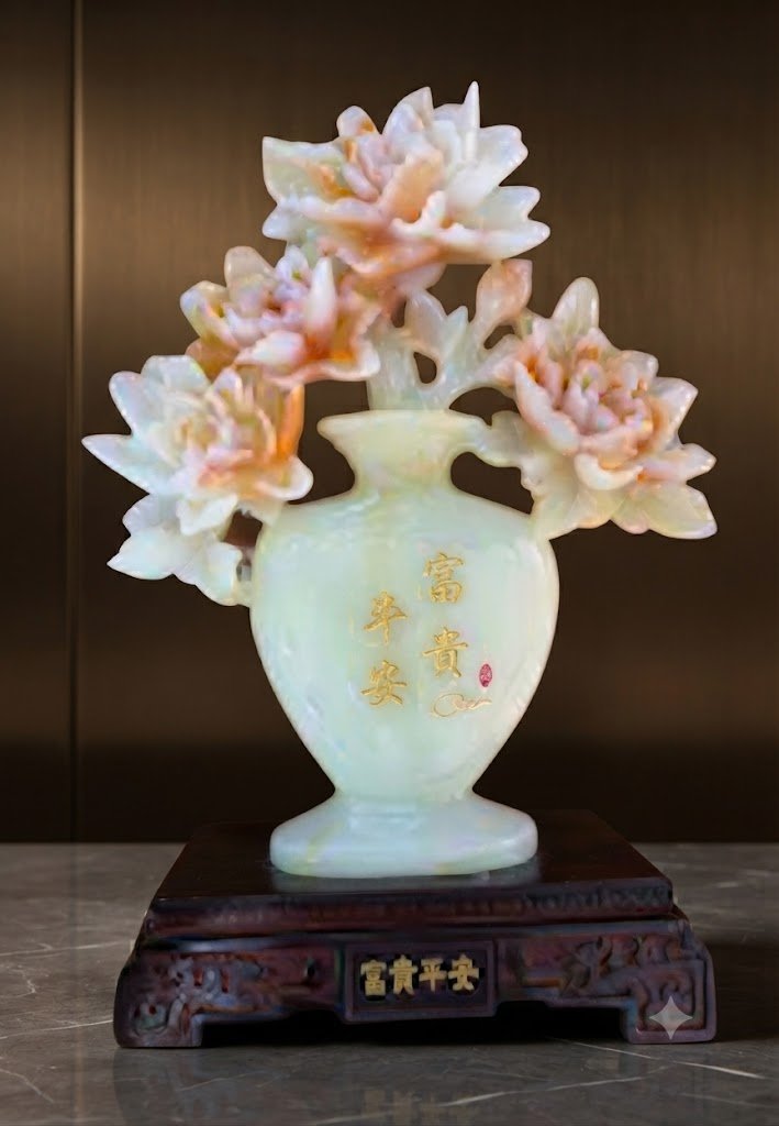 YS 2819 Elegant White Floral Vase Showpiece โ Decorative Flower Pot with Wooden Base