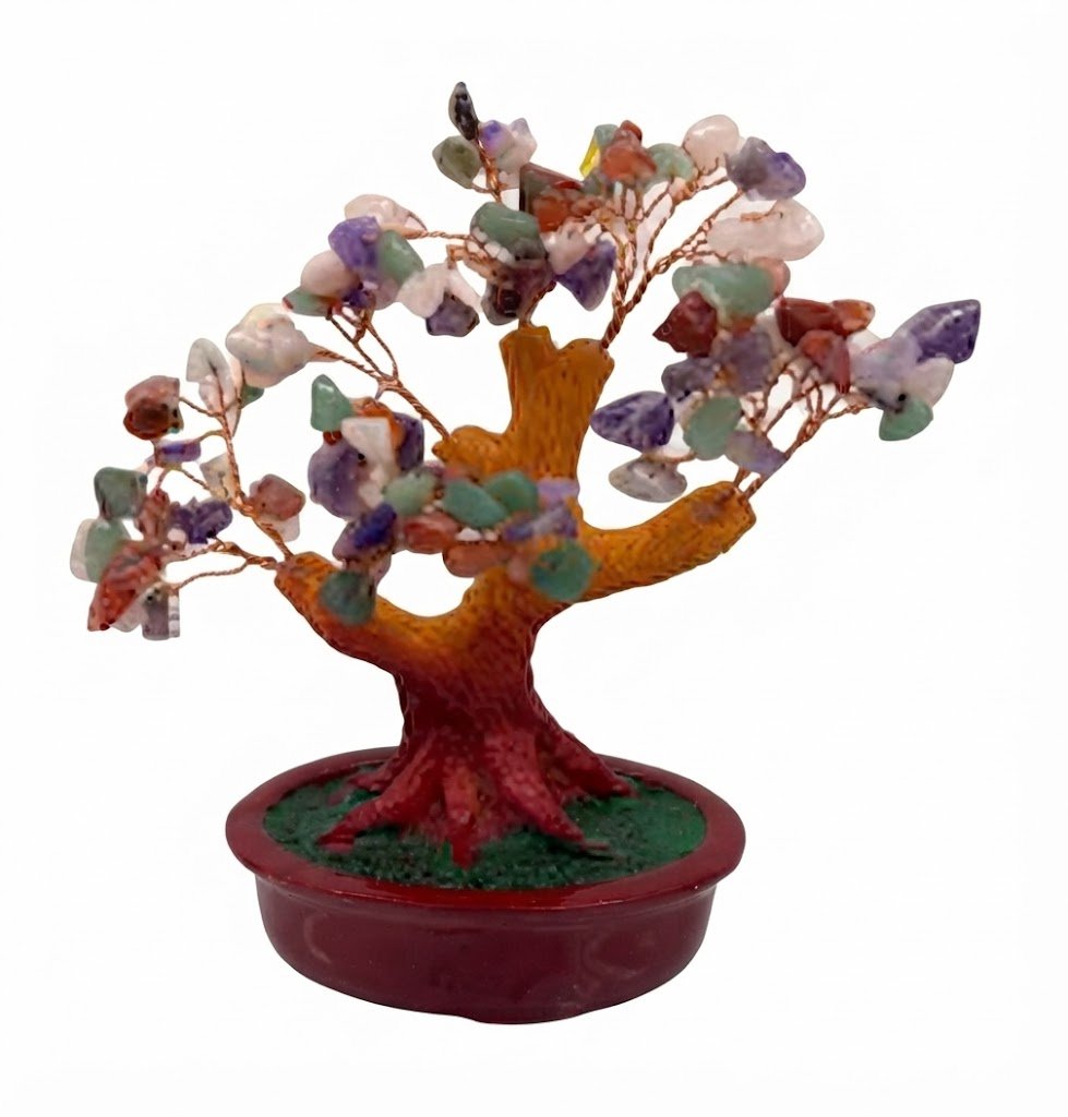 YS 2928 Seven Chakra Crystal Gemstone Healing Bonsai Tree in Red Pot