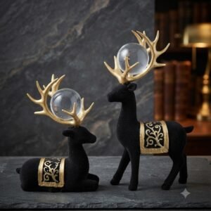 YS 3017 Elegant Black & Gold Reindeer Couple Decorative Showpiece with Candle Holders