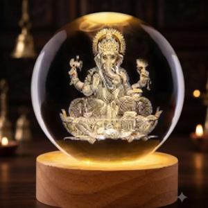 AR 2466 Lord Ganesha Crystal Ball LED Night Lamp with Wooden Base – Ganpati Bappa Spiritual Decorative Light