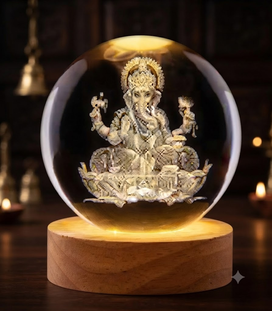 AR 2466 Lord Ganesha Crystal Ball LED Night Lamp with Wooden Base โ Ganpati Bappa Spiritual Decorative Light
