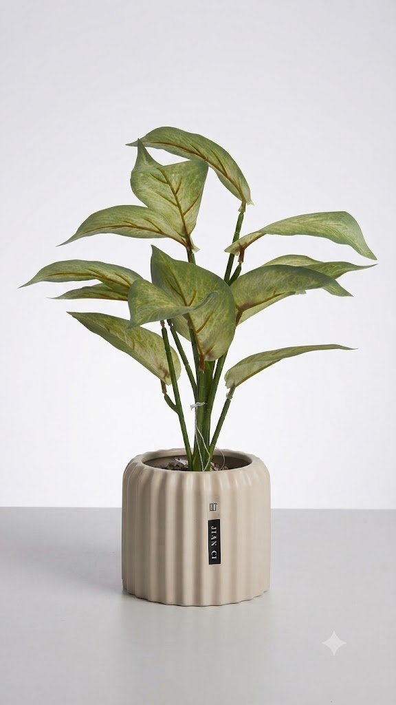 00293 ( Artificial Green Decorative Plant in Ribbed Ceramic Pot ) - Image 2