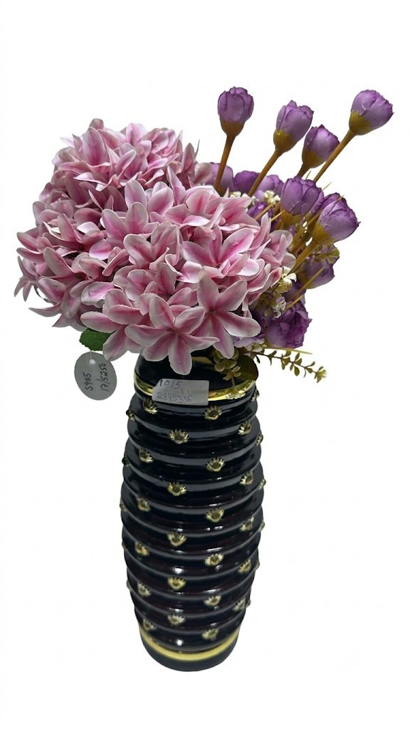 1015 ( Premium Artificial Pink & Purple Flower Bouquet with Black and Golden Designer Vase ) - Image 2