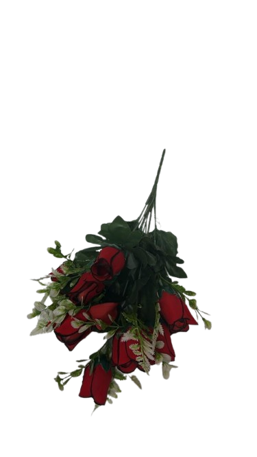 12 ( Artificial Red Rose Bud Bouquet with Green Leaves and Decorative Fern Foliage ) - Image 2