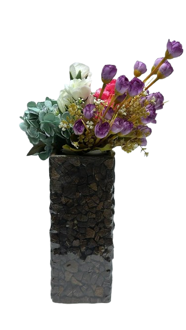 12inch ( Elegant Purple & White Artificial Flower Arrangement in Rustic Stone Vase ) - Image 2