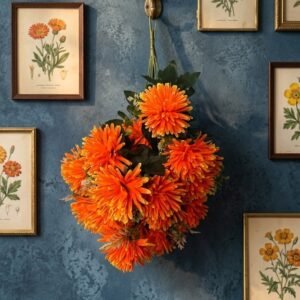24 ( Artificial Orange Chrysanthemum Flower Bouquet with Green Leaves )
