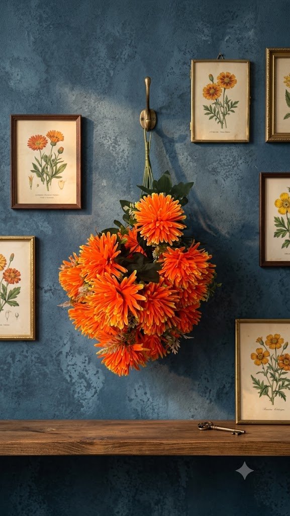 24 ( Artificial Orange Chrysanthemum Flower Bouquet with Green Leaves )