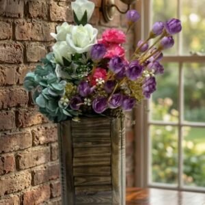 12Inch ( Elegant Purple & White Artificial Flower Arrangement in Rustic Stone Vase )