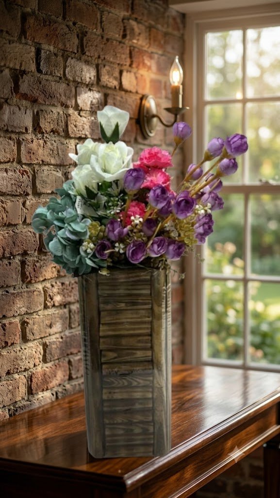 12Inch ( Elegant Purple & White Artificial Flower Arrangement in Rustic Stone Vase )