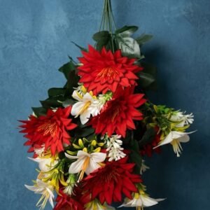 24 ( Artificial Red Dahlia Flower Bouquet with White Lily Accents and Green Foliage )