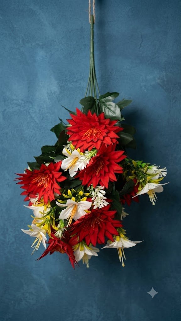 24 ( Artificial Red Dahlia Flower Bouquet with White Lily Accents and Green Foliage )