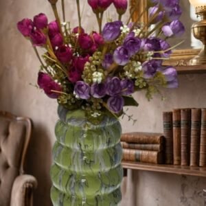 366 ( Artificial Purple & Pink Rose Flower Bouquet in Decorative Green Ceramic Vase )