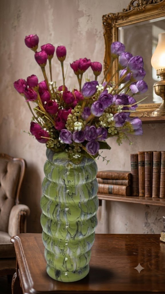 366 ( Artificial Purple & Pink Rose Flower Bouquet in Decorative Green Ceramic Vase )