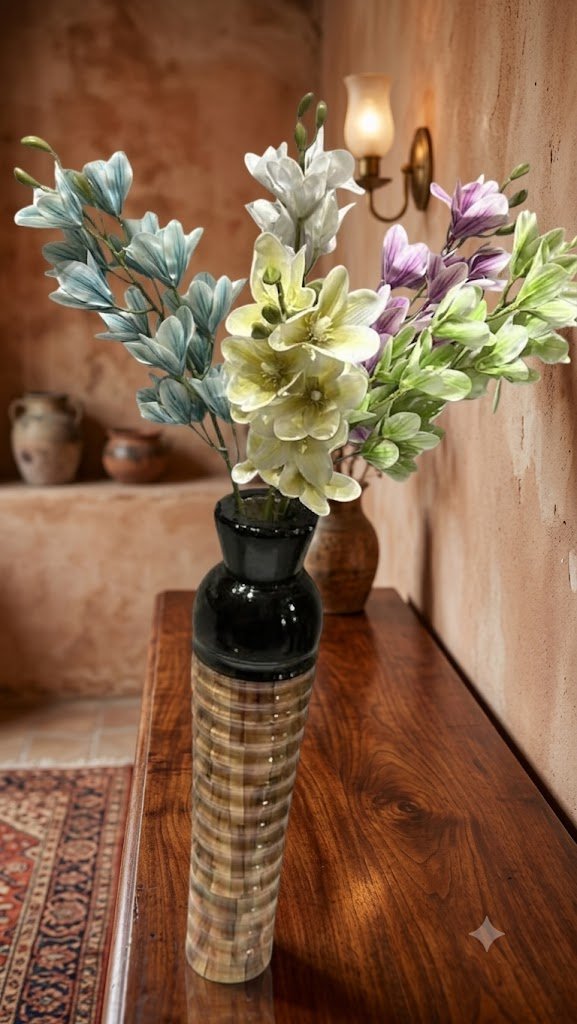 342 ( Luxury Multicolour Artificial Floral Arrangement in a Black & Brown Textured Designer Vase )