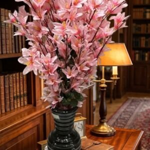 Luxury Pink Cherry Blossom Artificial Flower Arrangement in Black Ribbed Designer Vase