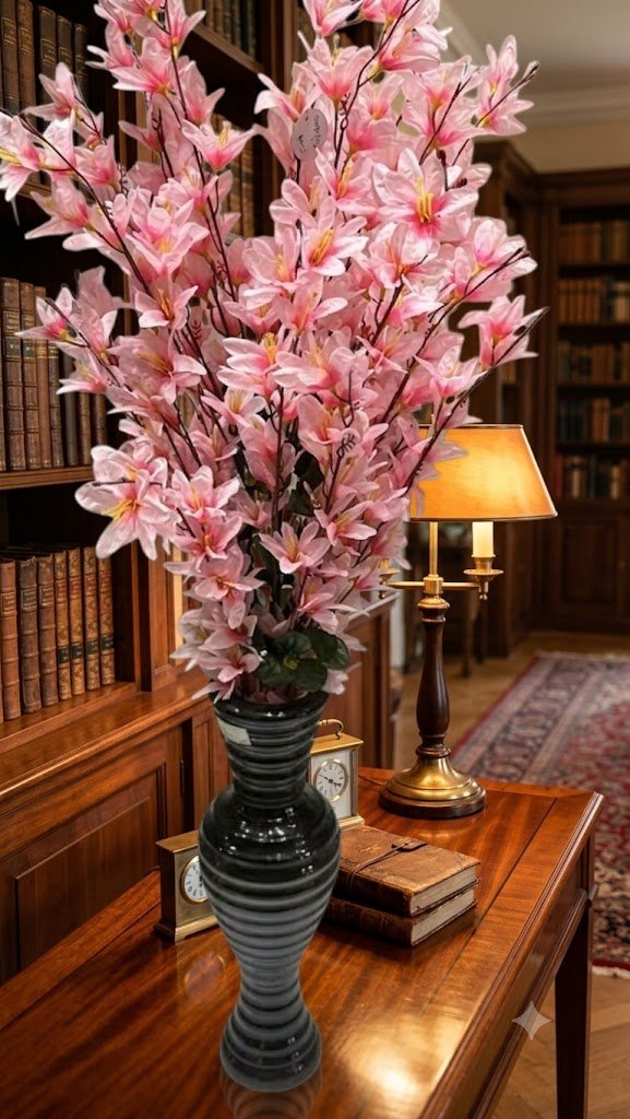 Luxury Pink Cherry Blossom Artificial Flower Arrangement in Black Ribbed Designer Vase