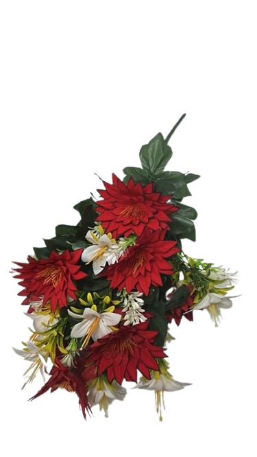24 ( Artificial Red Dahlia Flower Bouquet with White Lily Accents and Green Foliage ) - Image 2