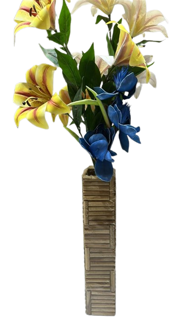 ( Luxury Yellow Lily & Blue Orchid Artificial Flower Arrangement in Rustic Wooden Vase ) - Image 2